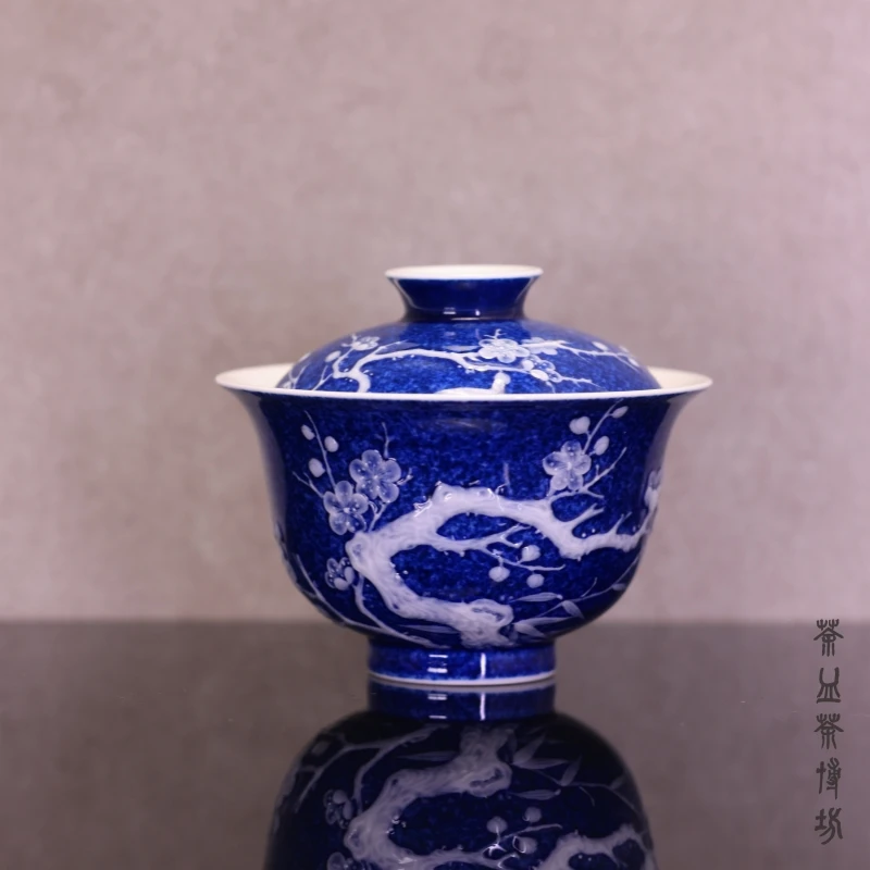 初蓝舍梅花盖碗洒蓝堆白复古陶瓷小盖碗