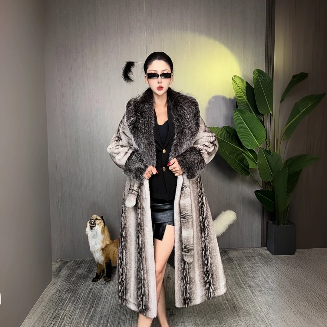 {阿美拉}法式高奢秋冬设计灰色条纹大毛领时尚气质毛毛外套