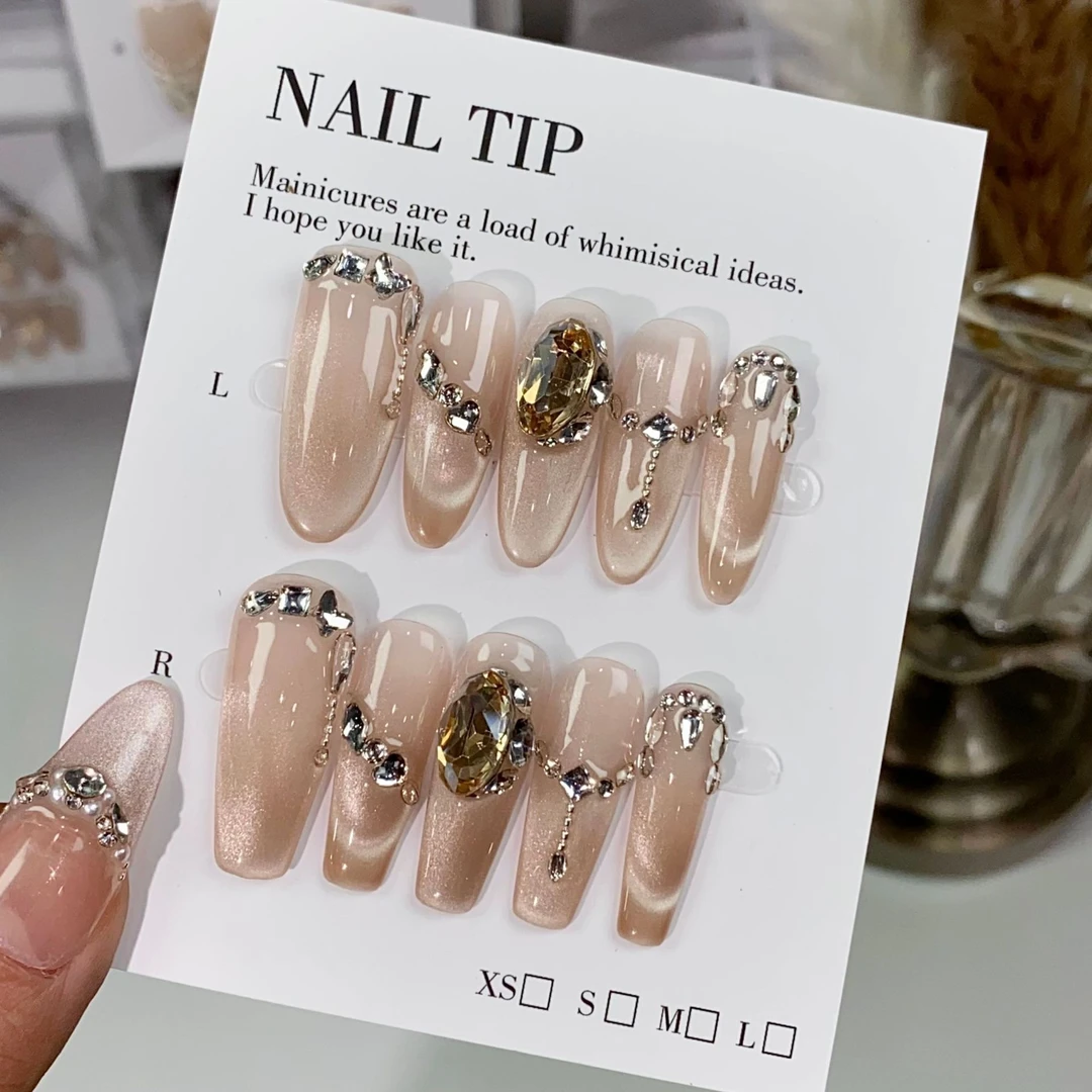 【往日云烟】纯手工穿戴甲猫眼闪钻美甲贴片可拆卸指甲贴片10片装