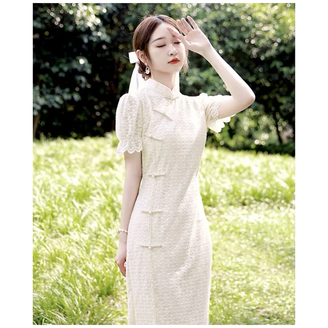 甜棠家 【浮光若梦】旗袍米色2024新款连衣裙中国风新中式蕾丝202