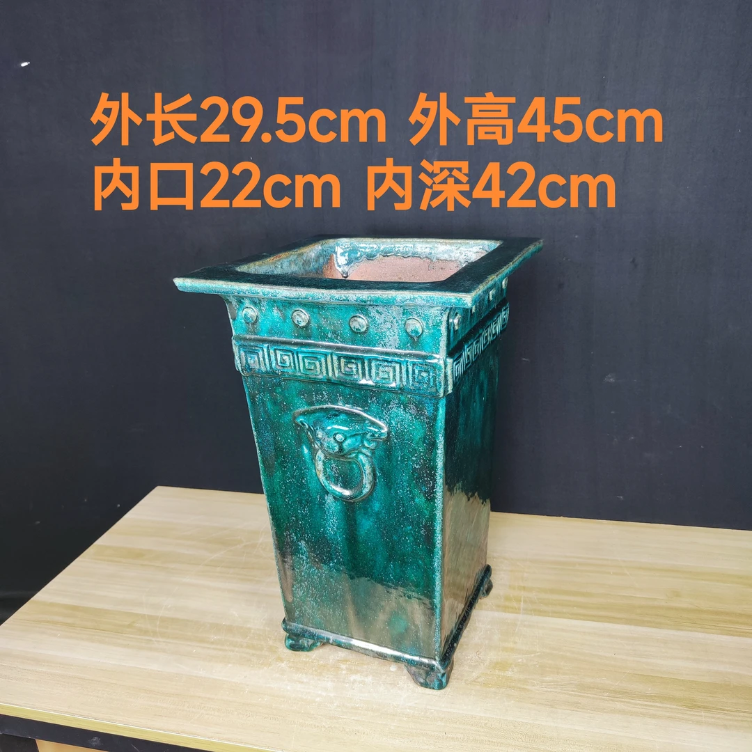 纯手工鼓钉万字四方直筒悬崖石湾花盆