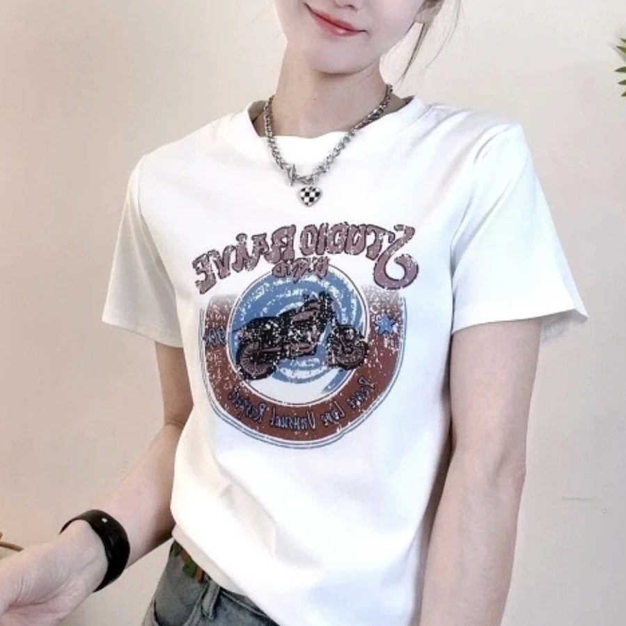 返潮复古摩托车2024夏季爆款t恤女短袖上衣时尚休闲显瘦百搭圆领