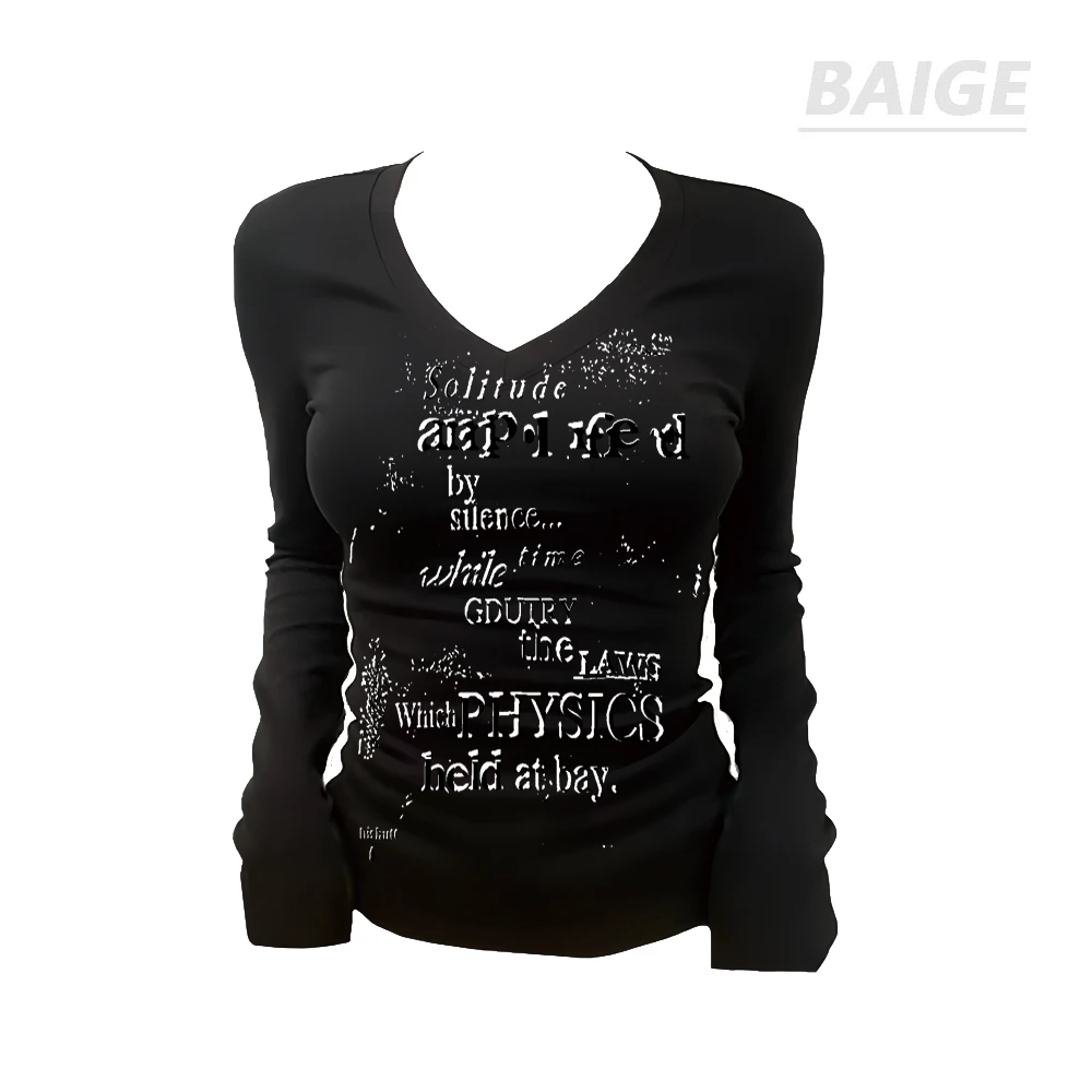 BAIGE V领美式复古字母印花正肩长袖t恤女秋季内搭打底衫上衣
