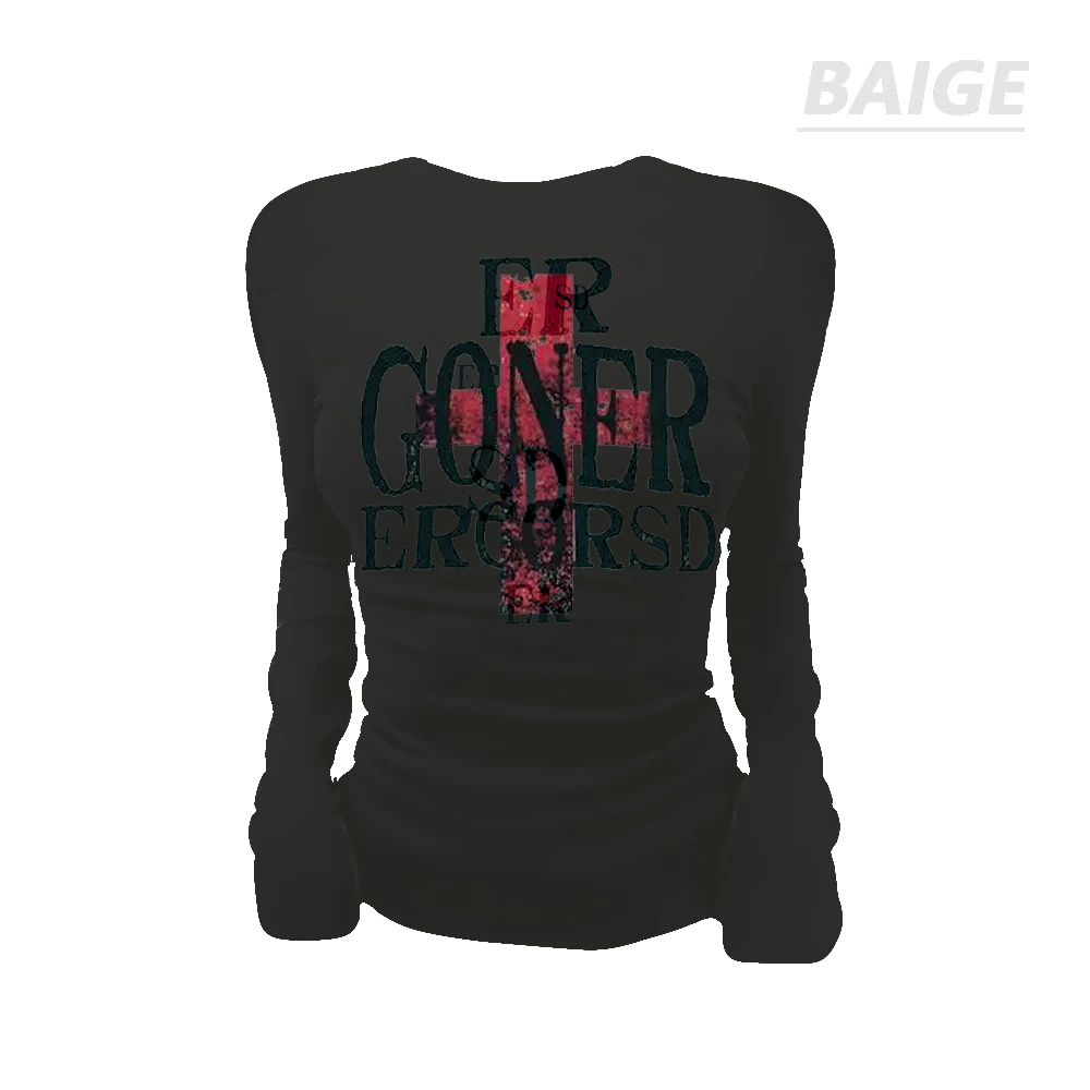 BAIGE显瘦圆领长袖百搭个性红十字英文印花纯欲性感修身辣妹上衣