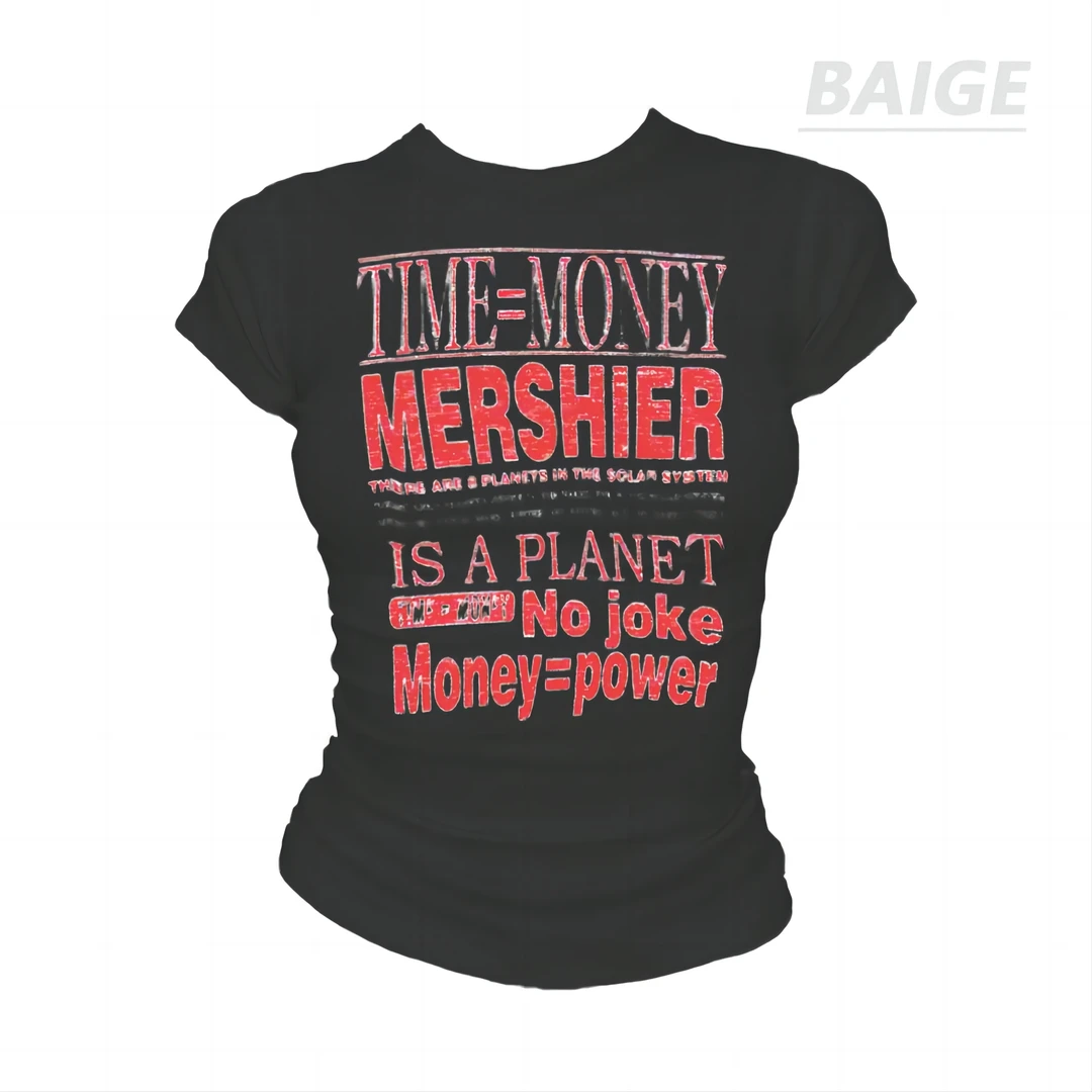 韩版复古美式印花修身显瘦设计感短款T恤女正肩辣妹圆领上衣ins风