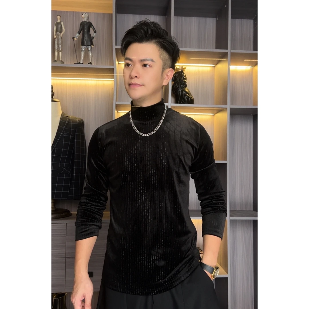 [魂系]新款男士丝绒纯色休闲百搭修身半高领长袖打底内搭-打底衫