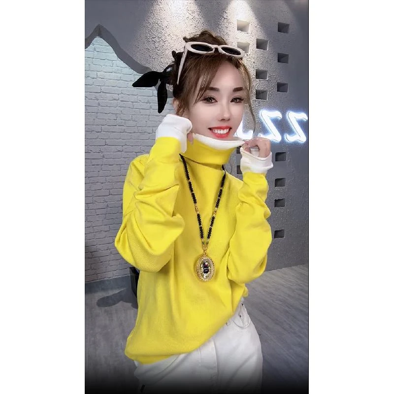 2025秋冬新款洋气减龄拼色假两件针织毛衣女韩版时尚高领内搭上衣