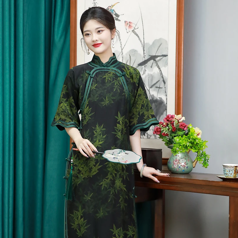 三重门竹韵*新款古法一片式修身中国风旗袍中长款复古双襟日常女