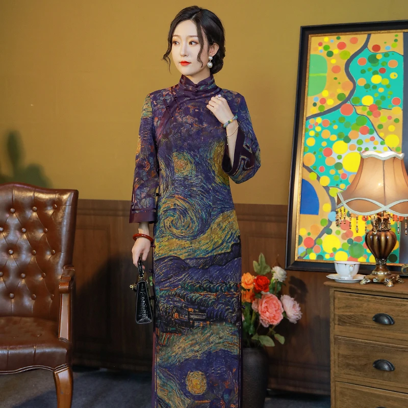 三重门梵高的星空* 秋冬福利款40姆米绢纺如意倒大袖中式修身旗袍