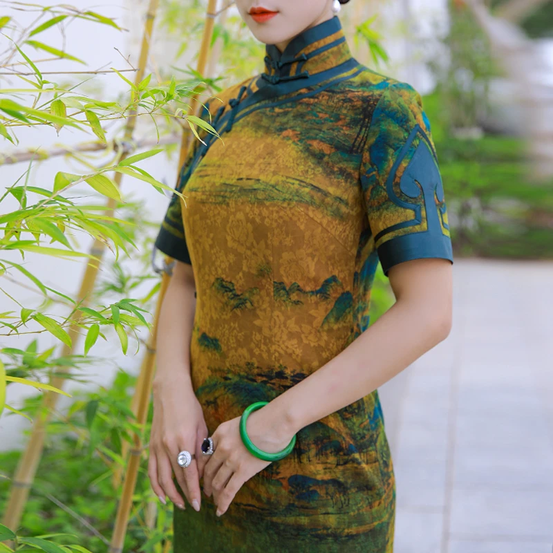 三重门画江山* 40姆米绢纺香云纱中式修身旗袍日常长款复古中国风