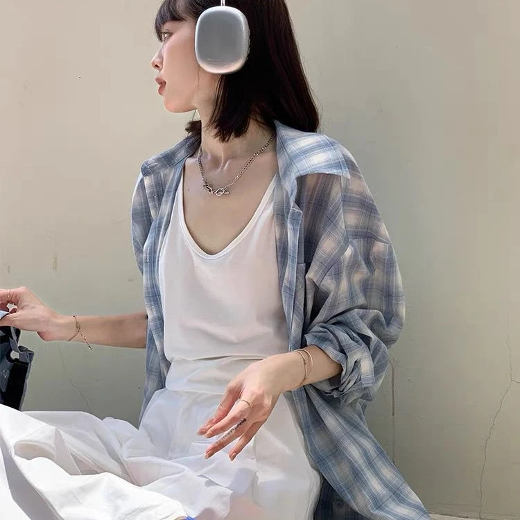 韩版宽松海盐蓝格子夏季防晒棉麻衬衫