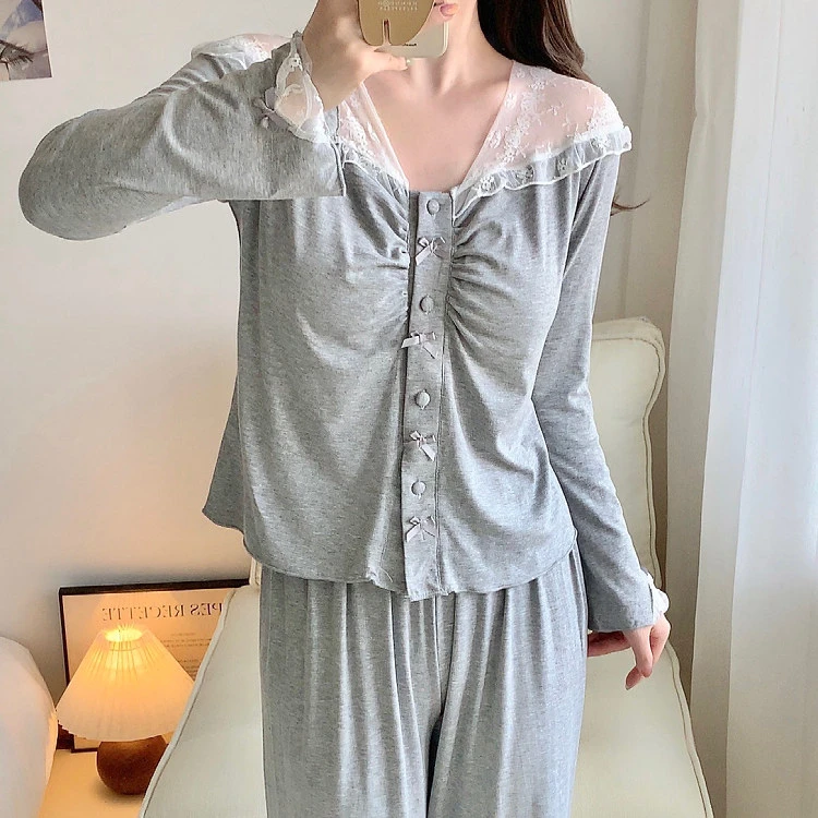 春秋睡衣女带胸垫莫代尔V领纯欲风性感蕾丝家居服套装时尚可外穿