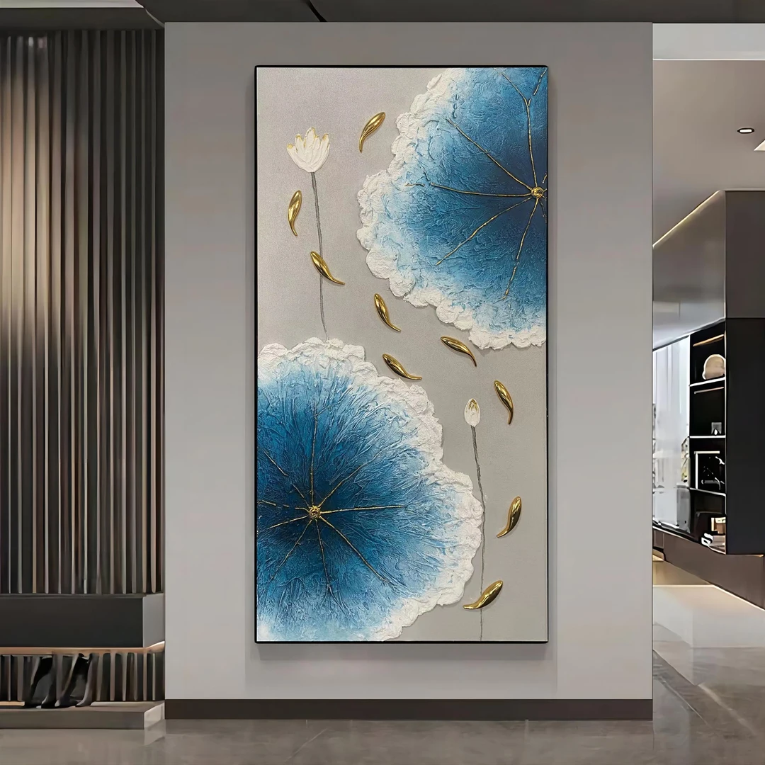 九鱼荷花 |玄关画手绘油画抽象装饰画玄关画轻奢背景