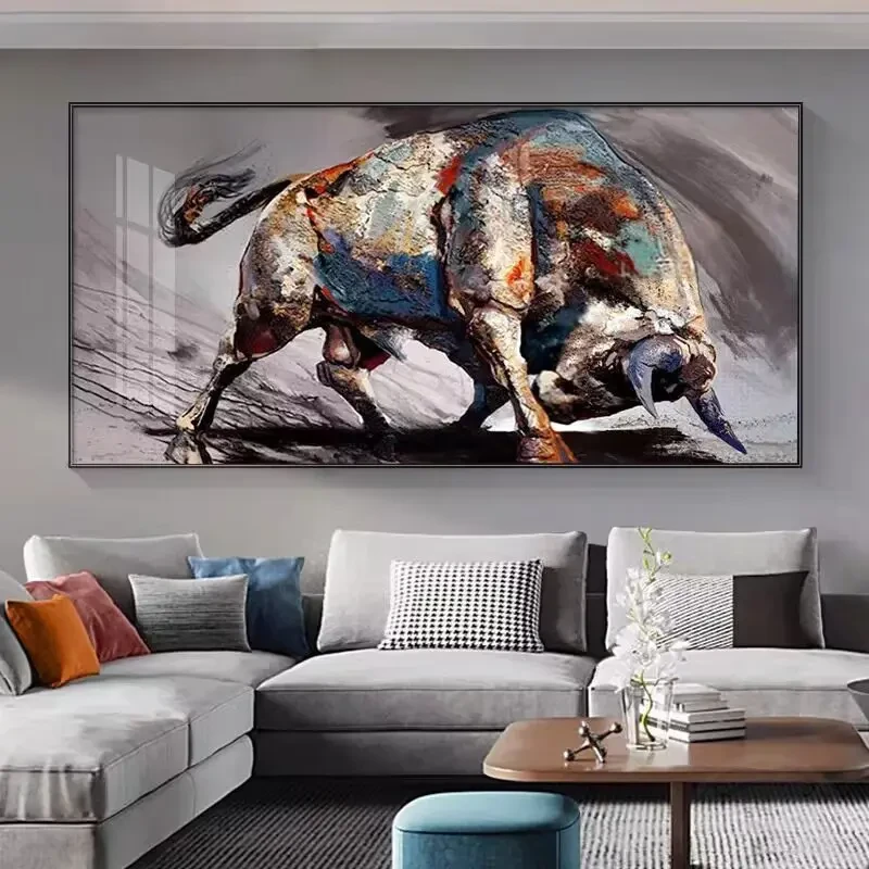 动物入户横款装饰画客厅挂画铝合金边框沙发落地画牛100200