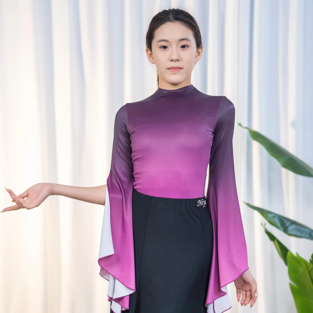 新款摩登舞连体衣渐变色女士交谊舞长袖国标舞服