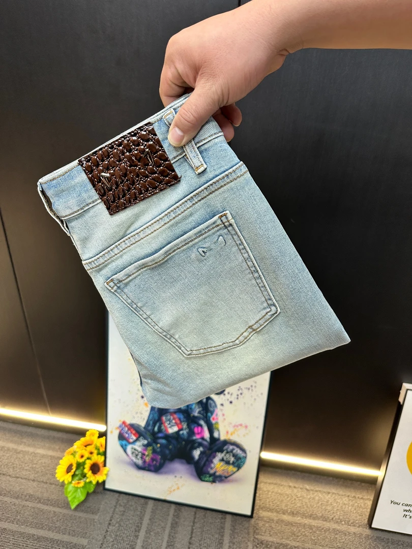 【KC专属】620#新春款奶白蓝高端轻奢时尚男士弹力修身小直筒牛仔裤