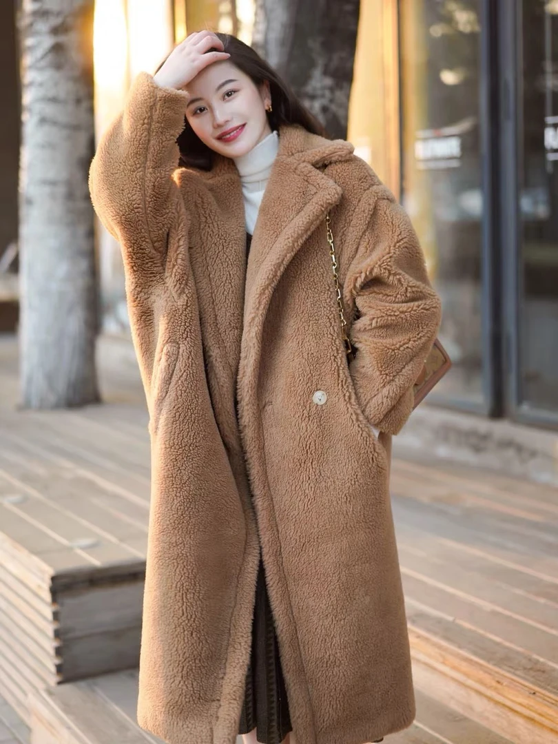 Max骆驼绒泰迪大衣女秋冬加厚外套长款羊毛网红西装领大衣