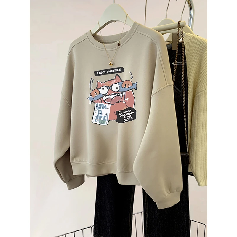 美式奶灰色圆领卫衣女春秋新款oversize宽松薄款无帽显瘦