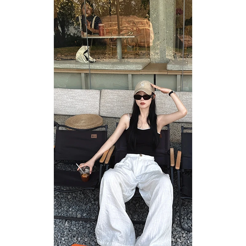 夏季新款时尚美式辣妹宽松白色高腰显瘦阔腿裤设计感高级休闲裤女