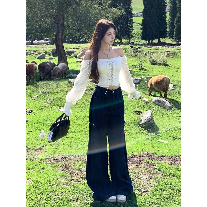 2025早秋新款穿搭法式时尚露肩长袖显瘦衬衫上衣高腰直筒牛仔裤女