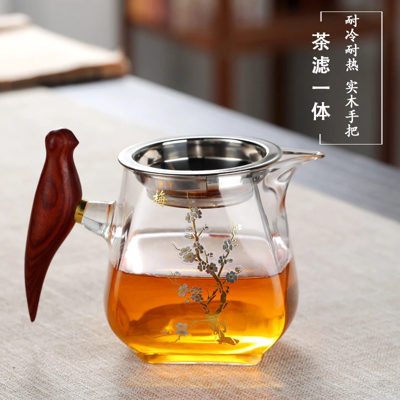 木雀公杯茶漏一体高硼硅玻璃公道杯耐高温加厚木把大号分茶器茶海