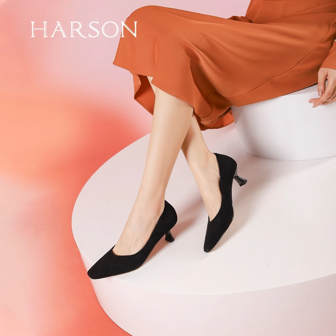 哈森单鞋女2024年春季新款气质高跟鞋通勤绒面工作鞋HWS240188