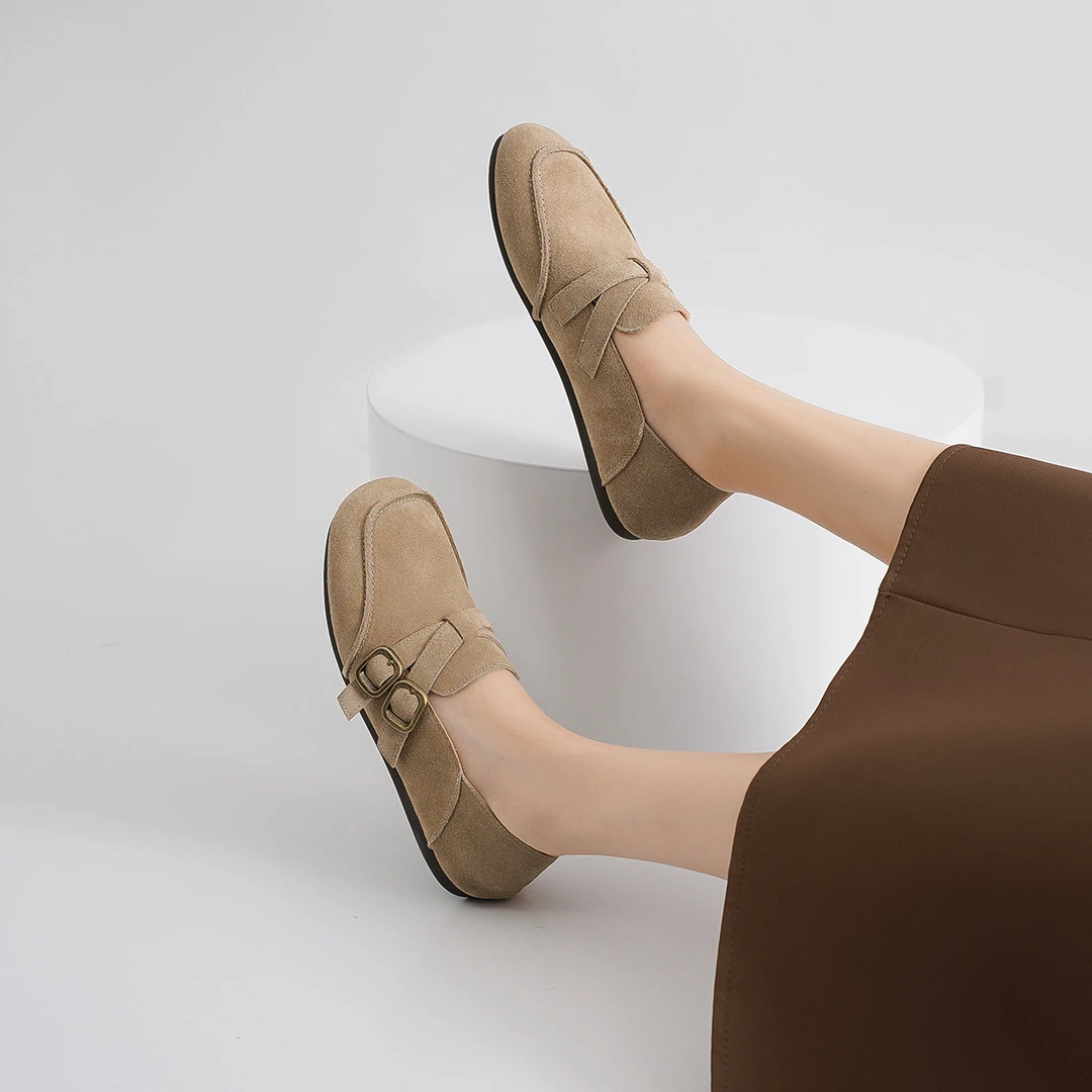 2024绒面女鞋圆头平底复古勃肯鞋通勤舒适百搭女单鞋