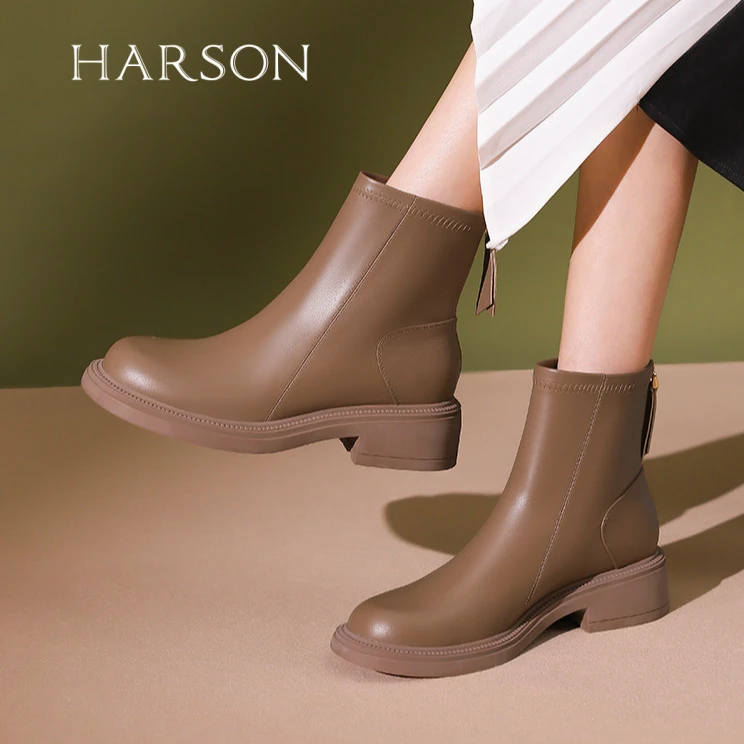 秋冬单里绒里圆头厚底短靴后拉链百搭短筒时装靴瘦瘦靴女HA237147