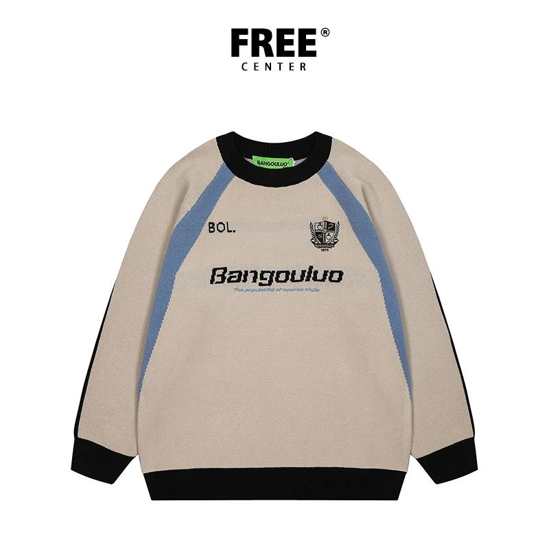 Free Center赛车风国潮复古字母提花百搭女运动UNO秋季拼色针织衫