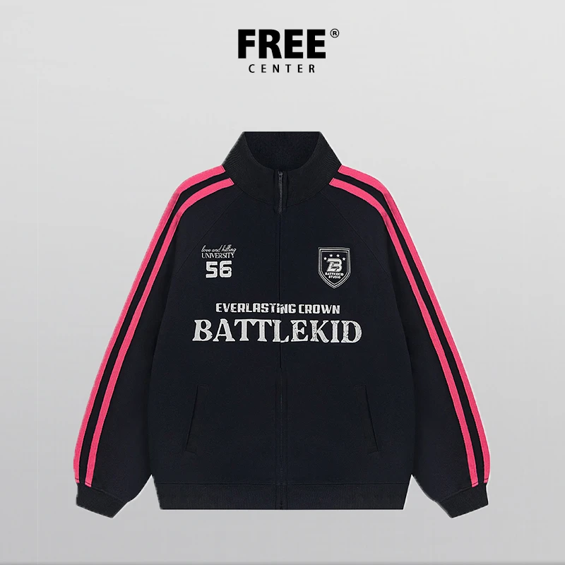 Free Center美式复古学院风卫衣男女百搭宽松长袖立领情侣外套潮