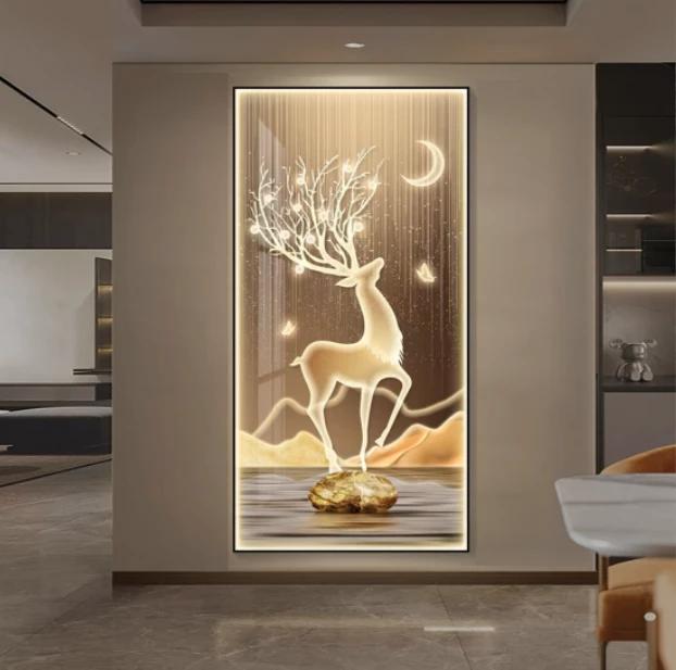 北欧现代入户门玄关装饰画轻奢简约麋鹿走廊过道艺术手工晶瓷画