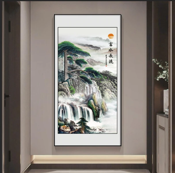 新中式迎客松山水玄关装饰画竖版现代轻奢抽象高档镶晶钻装饰画