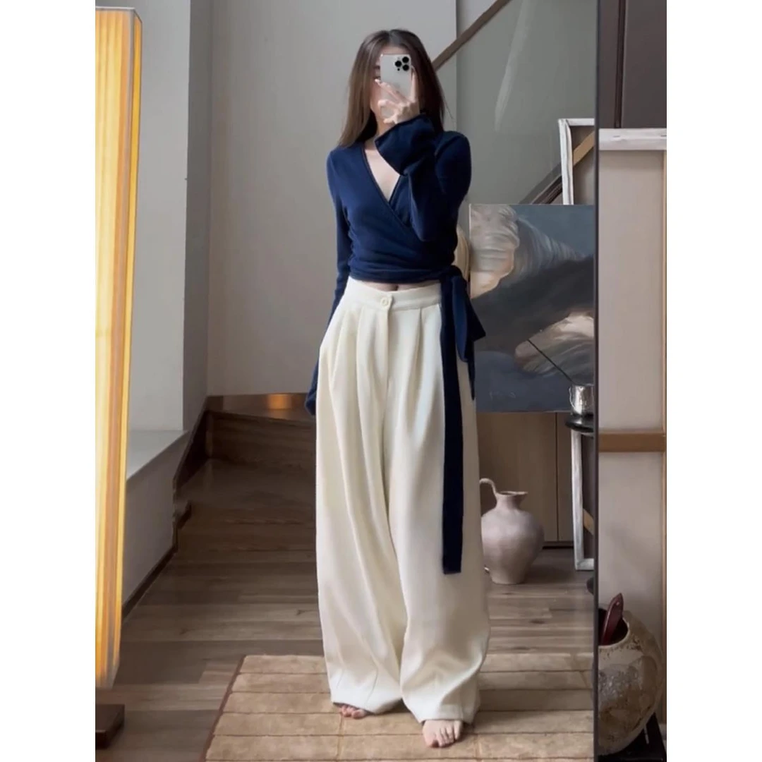 法式针织开衫女2024新款绑带时髦修身上衣百搭高腰宽松垂感休闲裤