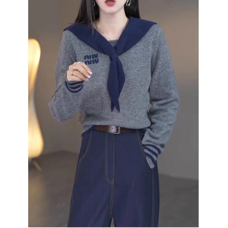 海军领假两件针织打底衫女秋冬季2024新款上衣字母刺绣毛衣设计感