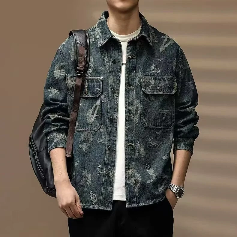 轻奢欧美宽松牛仔外套男衬衫设计师复古提花夹克春秋帅气潮胖衬衣