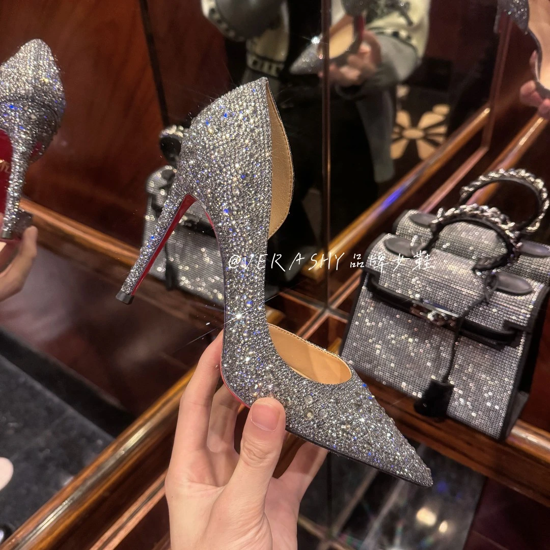 【月光灰/侧空】2025限定新款枪色高级贵气细跟尖头红底高跟鞋单鞋