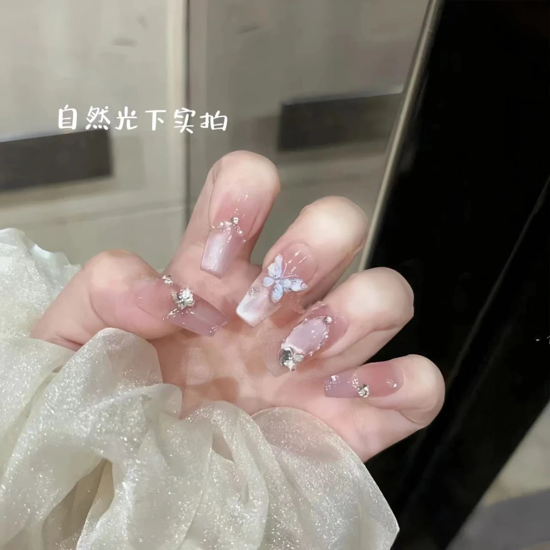 【月下银蝶】渐变冰透蝴蝶猫眼法式高级显白纯手工穿戴甲