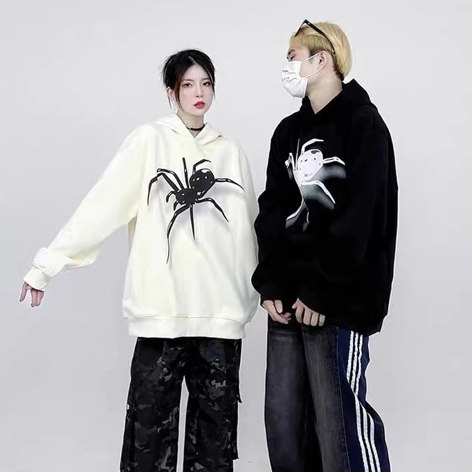 秋冬新款美式潮流蜘蛛印花连帽卫衣男女潮牌宽松高街情侣嘻哈帽衫