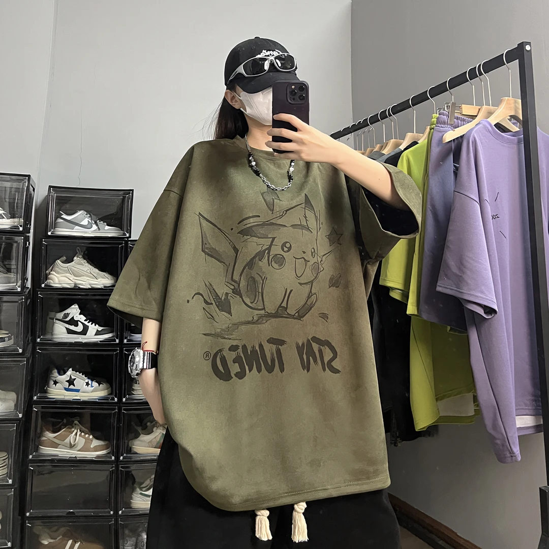 宝可梦皮卡丘印花短袖夏季仿麂皮绒美式高街oversize情侣半袖T恤