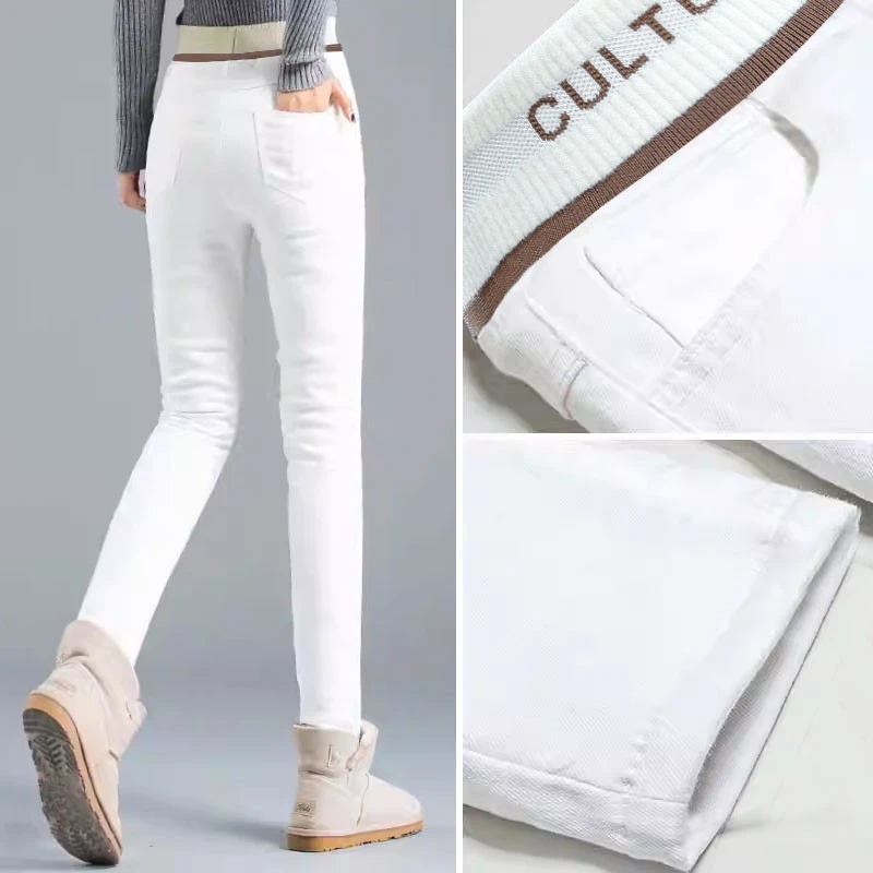 白色牛仔羽绒裤女冬外穿高腰显瘦加绒加厚东北防寒保暖裤高端棉裤