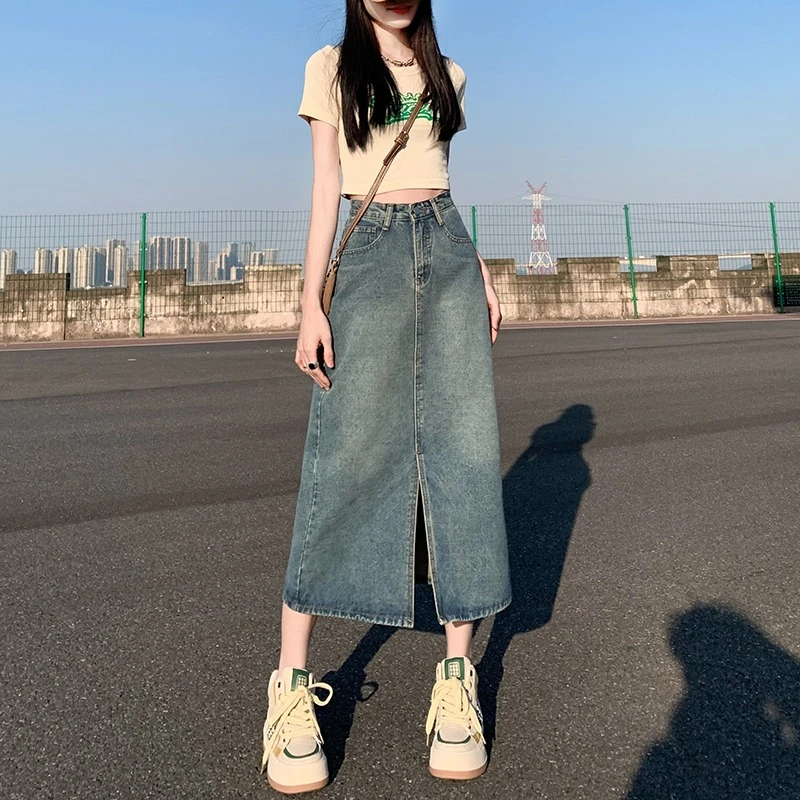 牛仔半身裙女开叉高腰显瘦显高春秋夏季新款a字中长裙ins