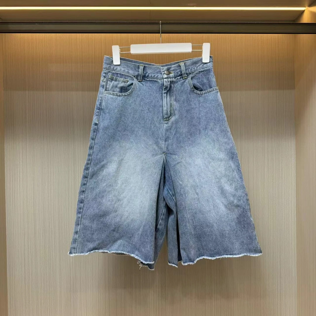 复古蓝中长款休闲宽松中腰牛仔短裤女小个子 2024夏季新款