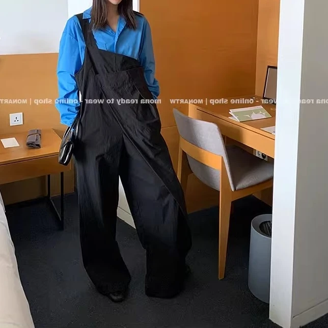 MONA 时髦设计感减龄 经典黑白色宽松背带裤女小个子2024夏季新款