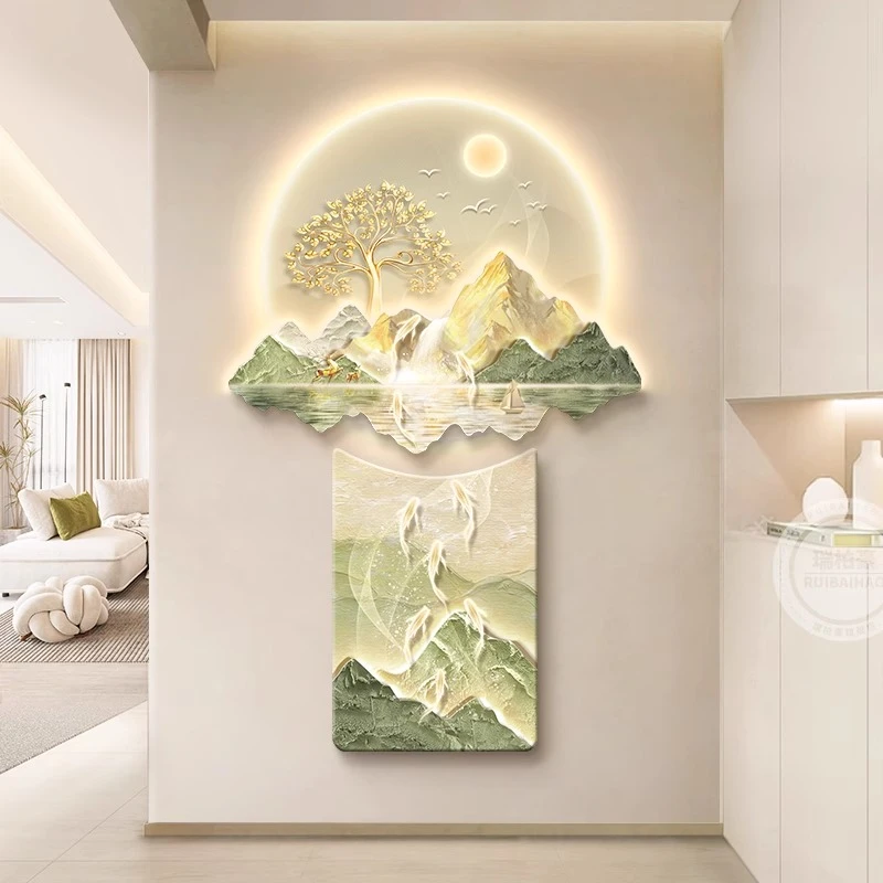 奶油风入户门玄关装饰画日照金山走廊尽头挂画高级感墙壁灯画