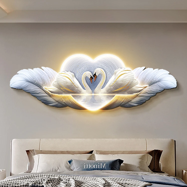 天鹅卧室装饰画高级感主卧房间床头挂画轻奢羽毛客厅背景墙面壁画