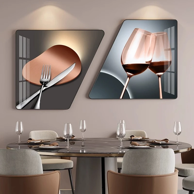 现代轻奢酒杯客厅挂画餐厅壁画创意两联饭厅梯形装饰画