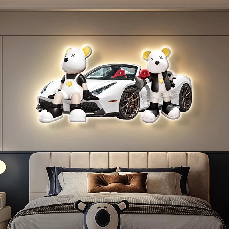 潮玩暴力熊主卧室床头装饰画男孩儿童房间带灯挂画汽跑车客厅壁画