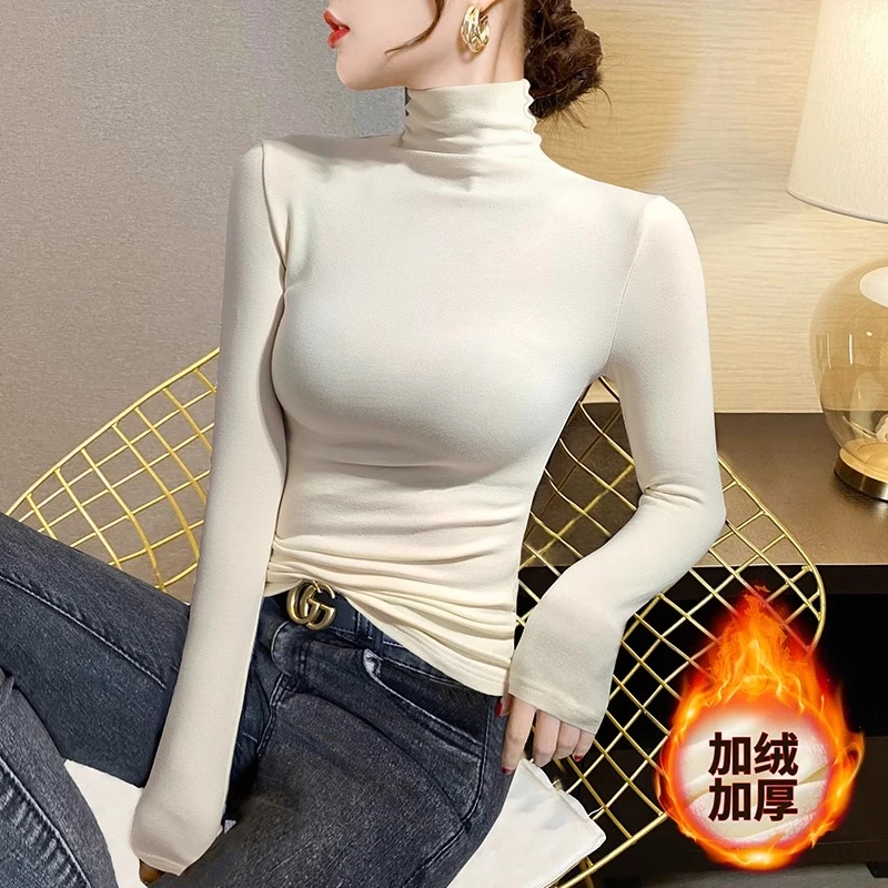 加绒加厚高领打底衫女内搭秋冬2025新款保暖修身堆堆领高级感上衣