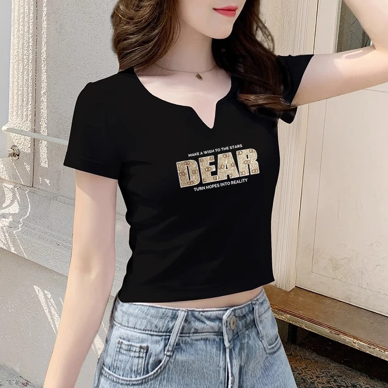 黑色V领短款t恤女短袖修身夏季2025新款高腰性感正肩露脐上衣