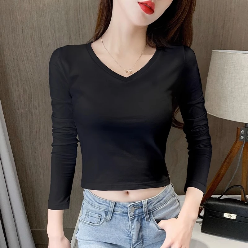 黑色长袖t恤女V领短款正肩纯棉上衣2024新款秋季紧身显瘦高腰露脐